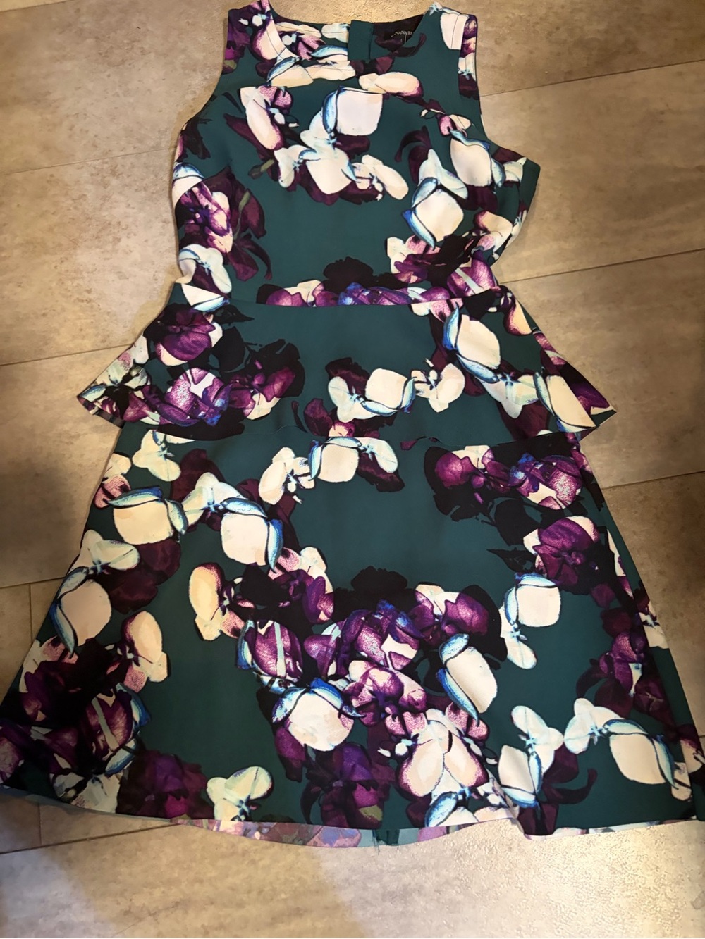 Banana Republic Hunter green Floral Fit-Peplum Dress with Purple Accents- sz 4